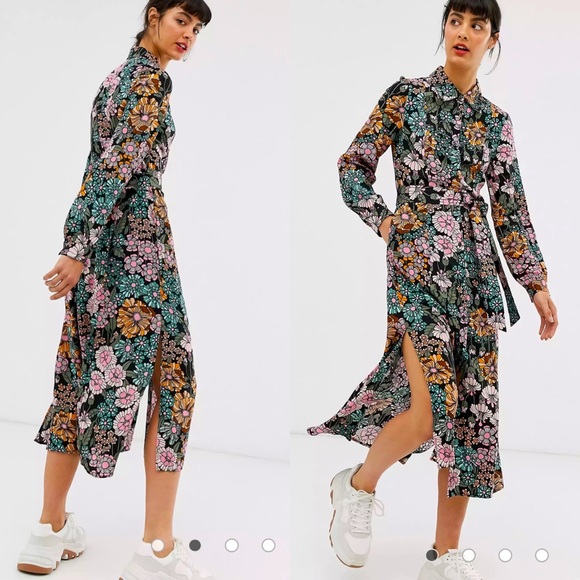 Monki Dresses & Skirts - Asos Monki floral print tie waist midi shirt dress